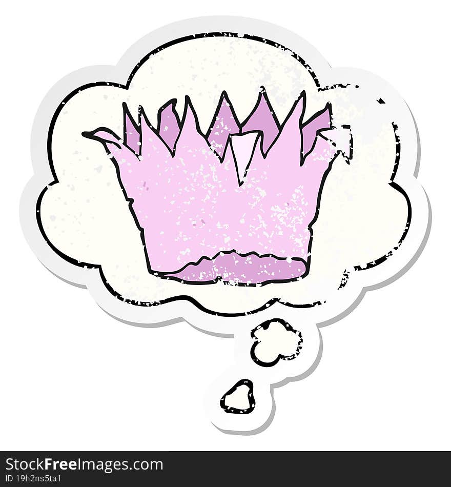 cartoon paper crown with thought bubble as a distressed worn sticker