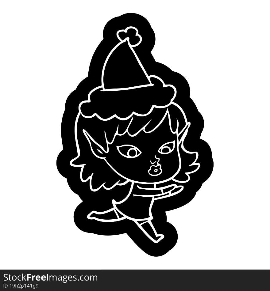 pretty cartoon icon of a elf girl wearing santa hat