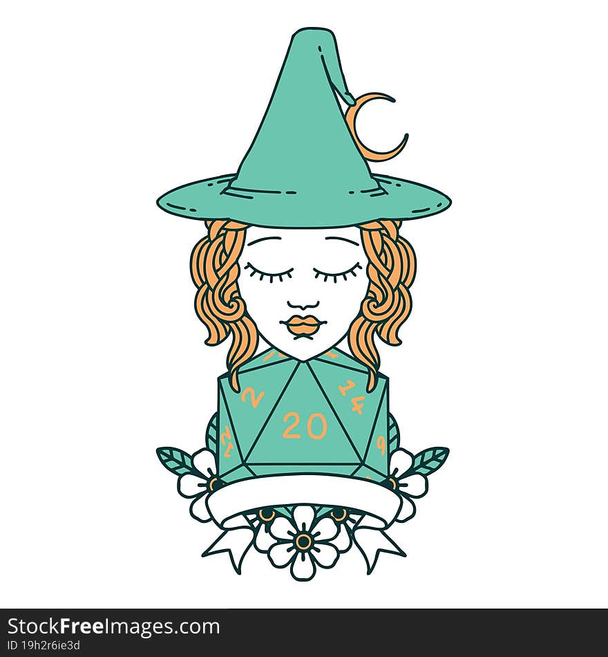 Human Witch With Natural Twenty Dice Roll Illustration