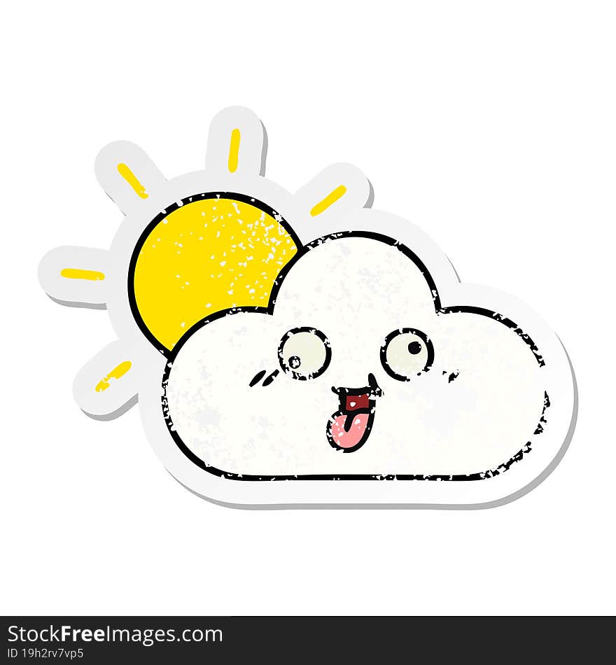 Distressed Sticker Of A Cute Cartoon Sun And Cloud