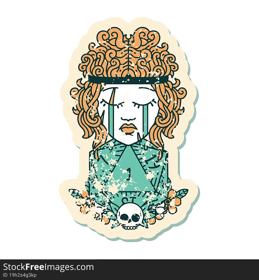 grunge sticker of a crying human barbarian with natural one D20 roll. grunge sticker of a crying human barbarian with natural one D20 roll