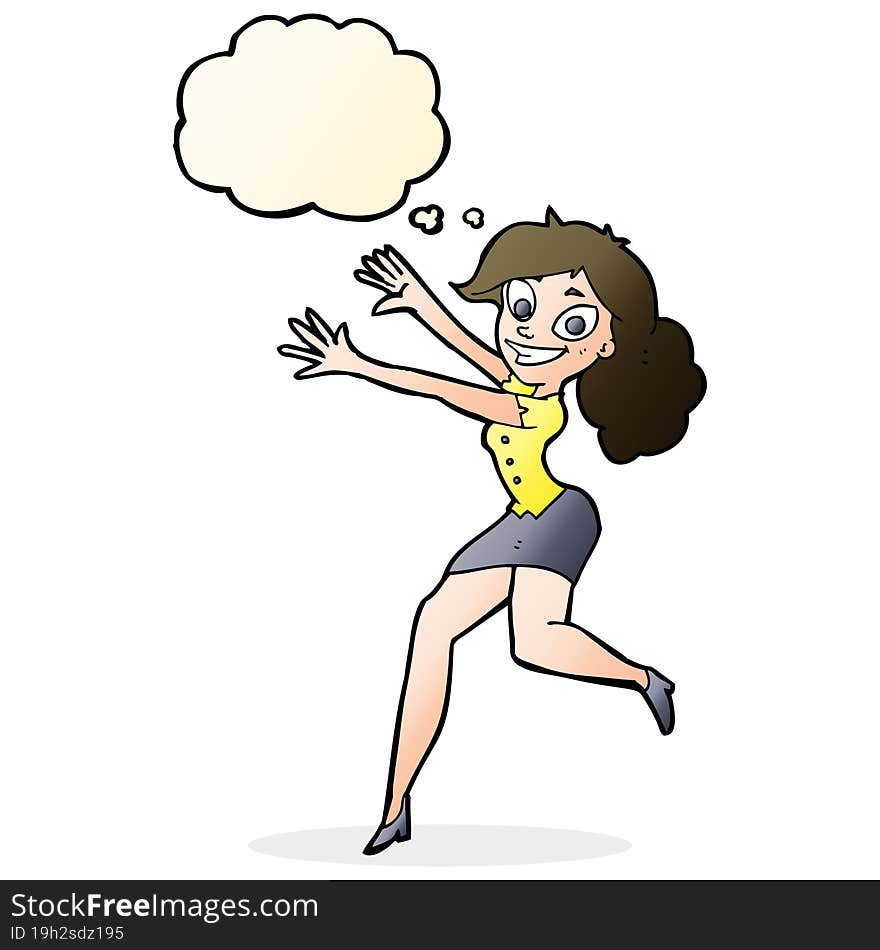 cartoon happy woman jumping with thought bubble