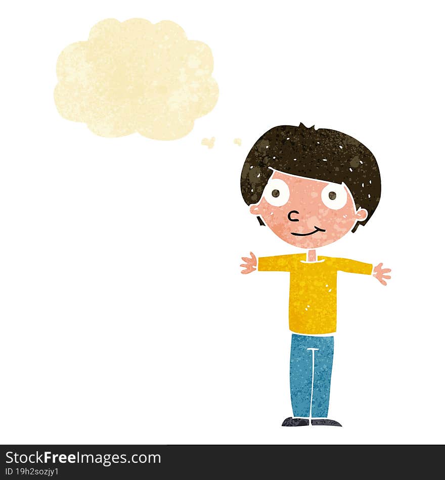 Cartoon Happy Boy With Open Arms With Thought Bubble