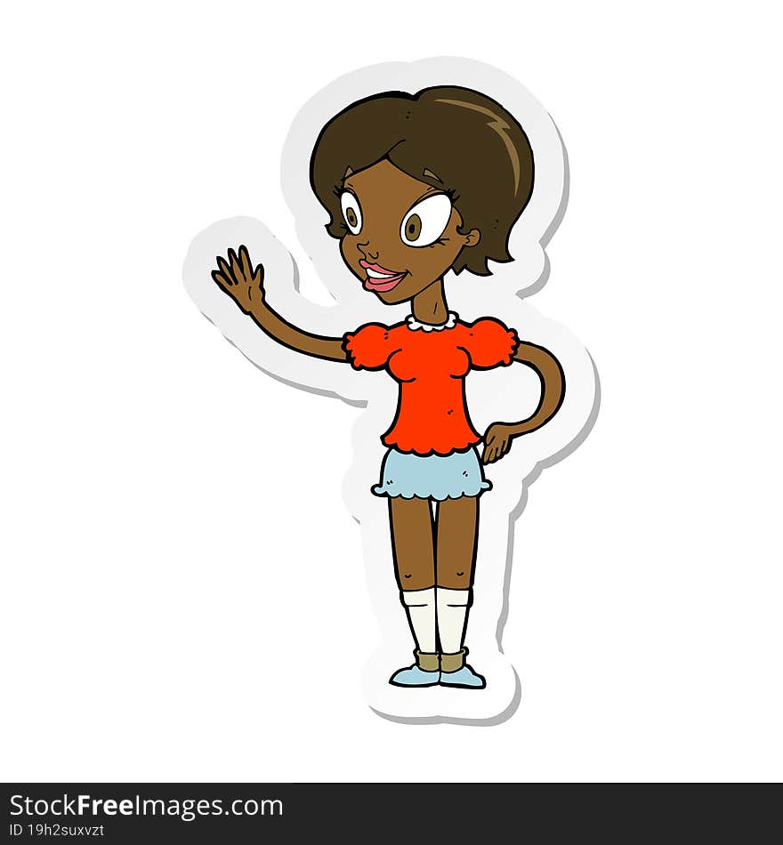 Sticker Of A Cartoon Waving Woman