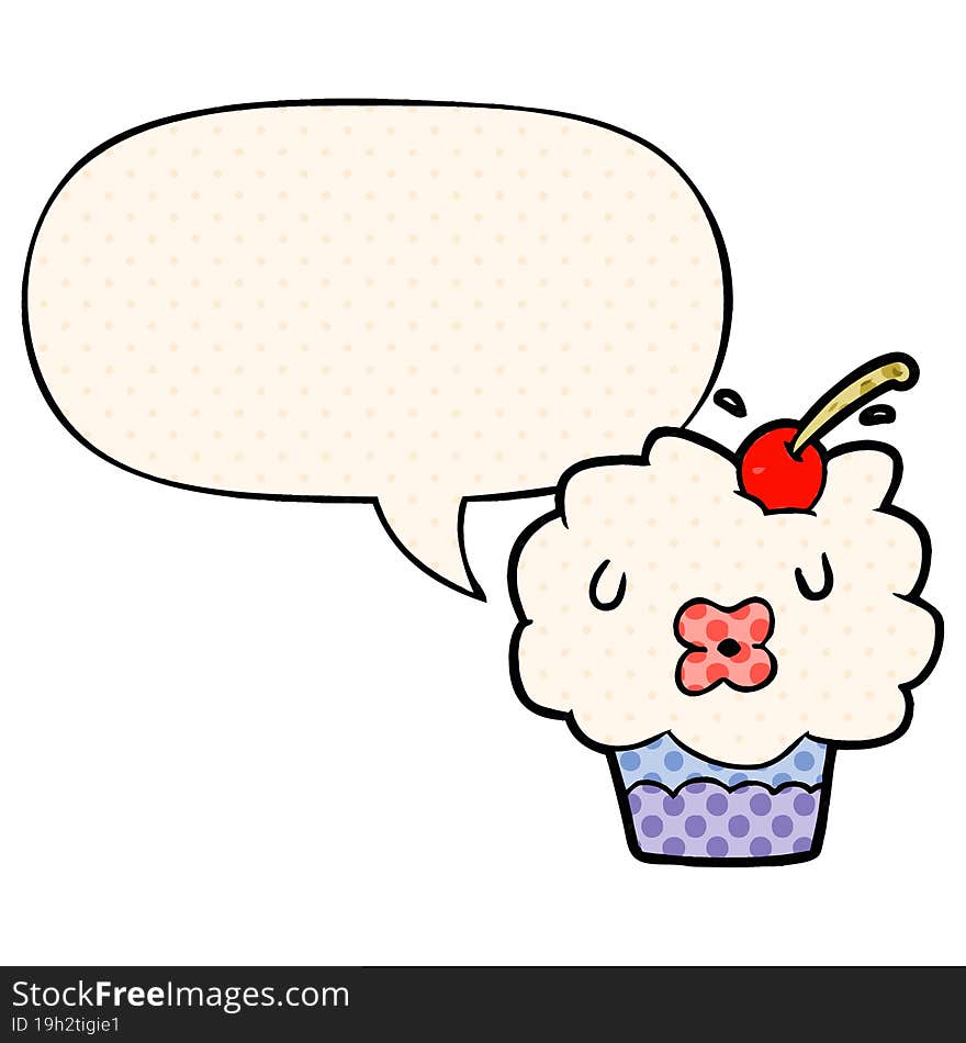 Funny Cartoon Cupcake And Speech Bubble In Comic Book Style