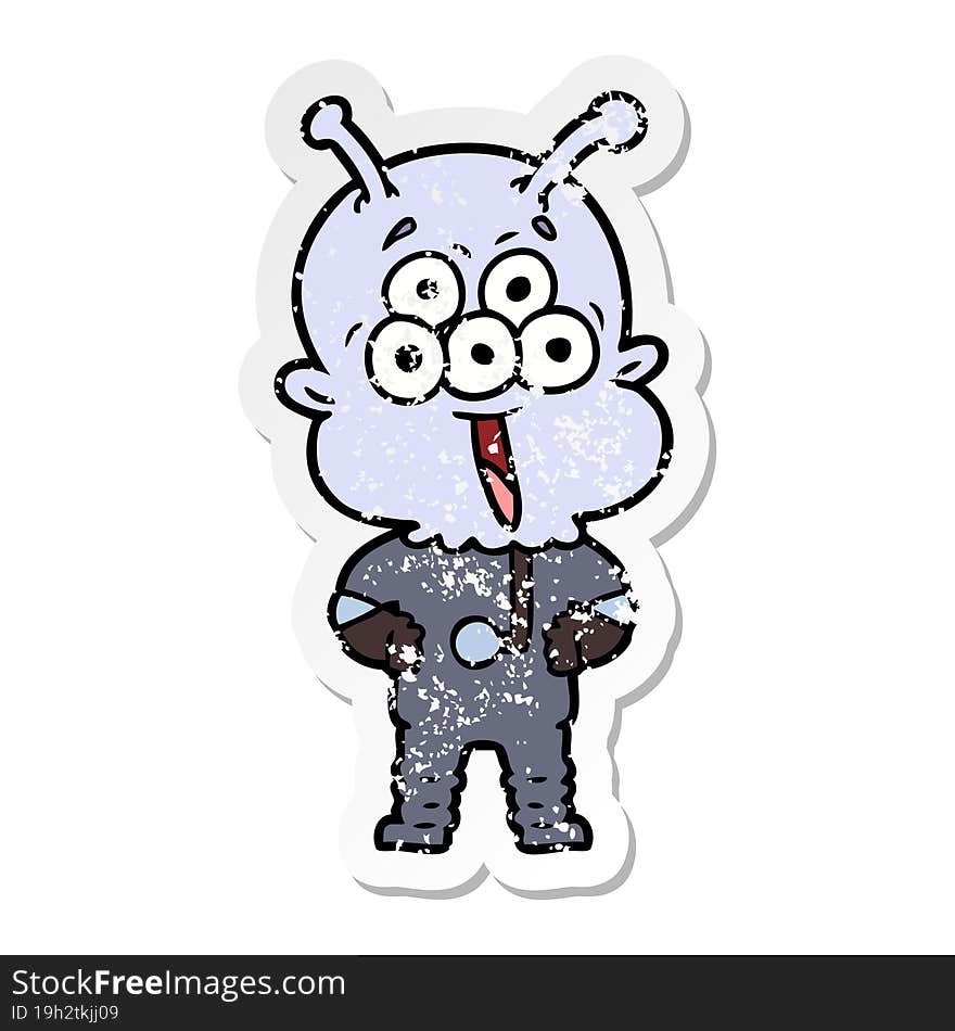 distressed sticker of a happy cartoon alien