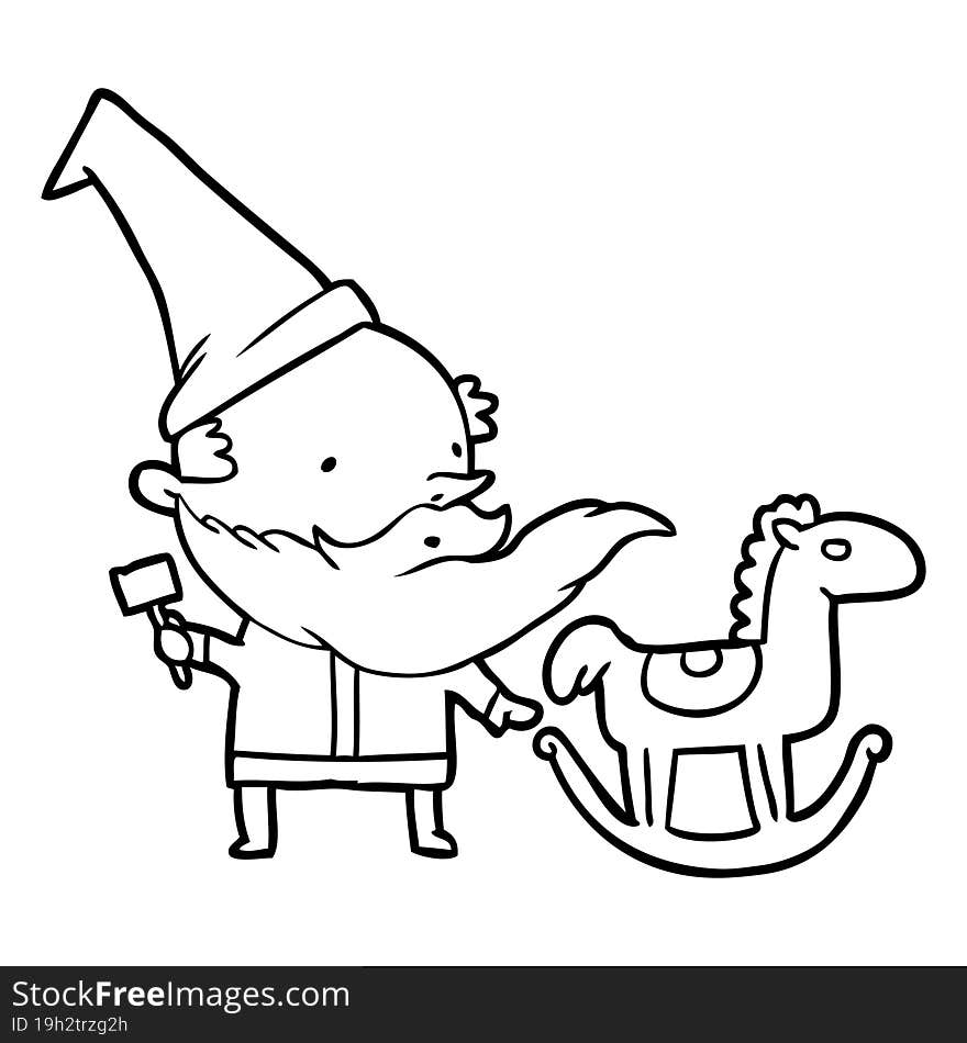 line drawing of a santa (or elf) making a rocking horse. line drawing of a santa (or elf) making a rocking horse