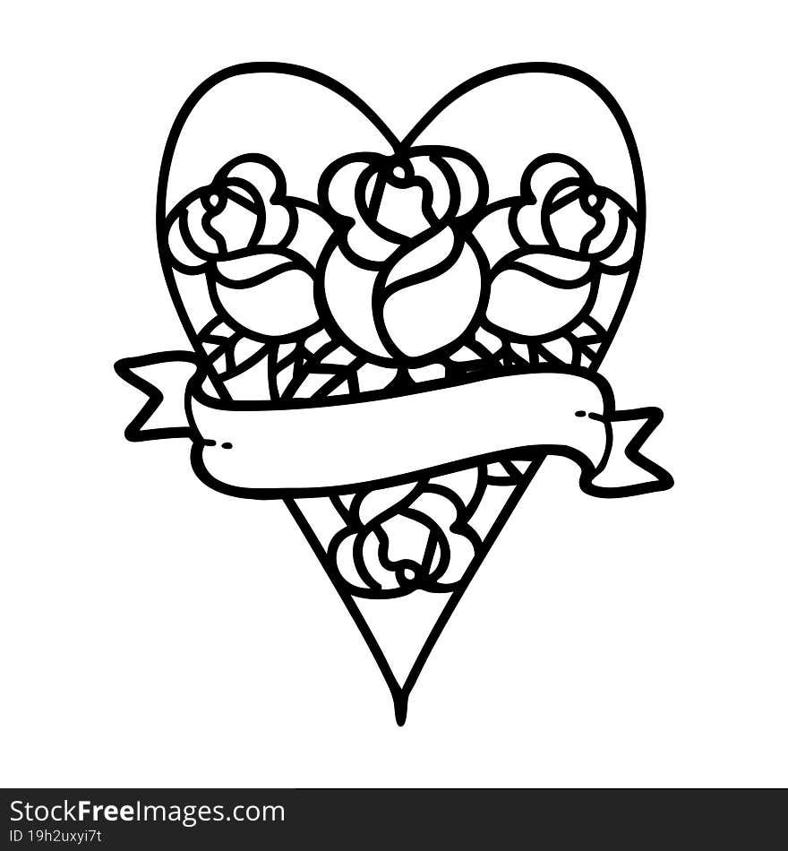 black line tattoo of a heart and banner with flowers