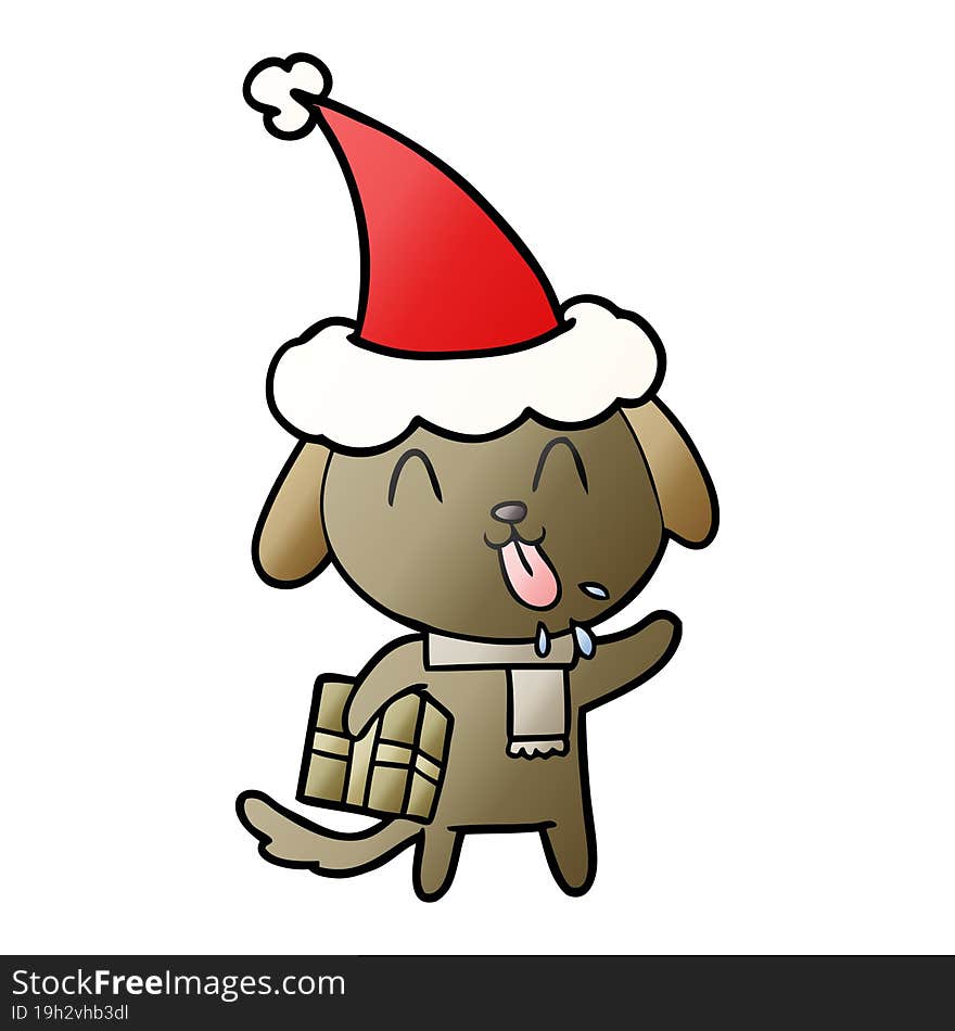 cute hand drawn gradient cartoon of a dog with christmas present wearing santa hat