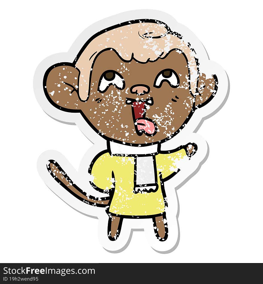 distressed sticker of a crazy cartoon monkey wearing scarf