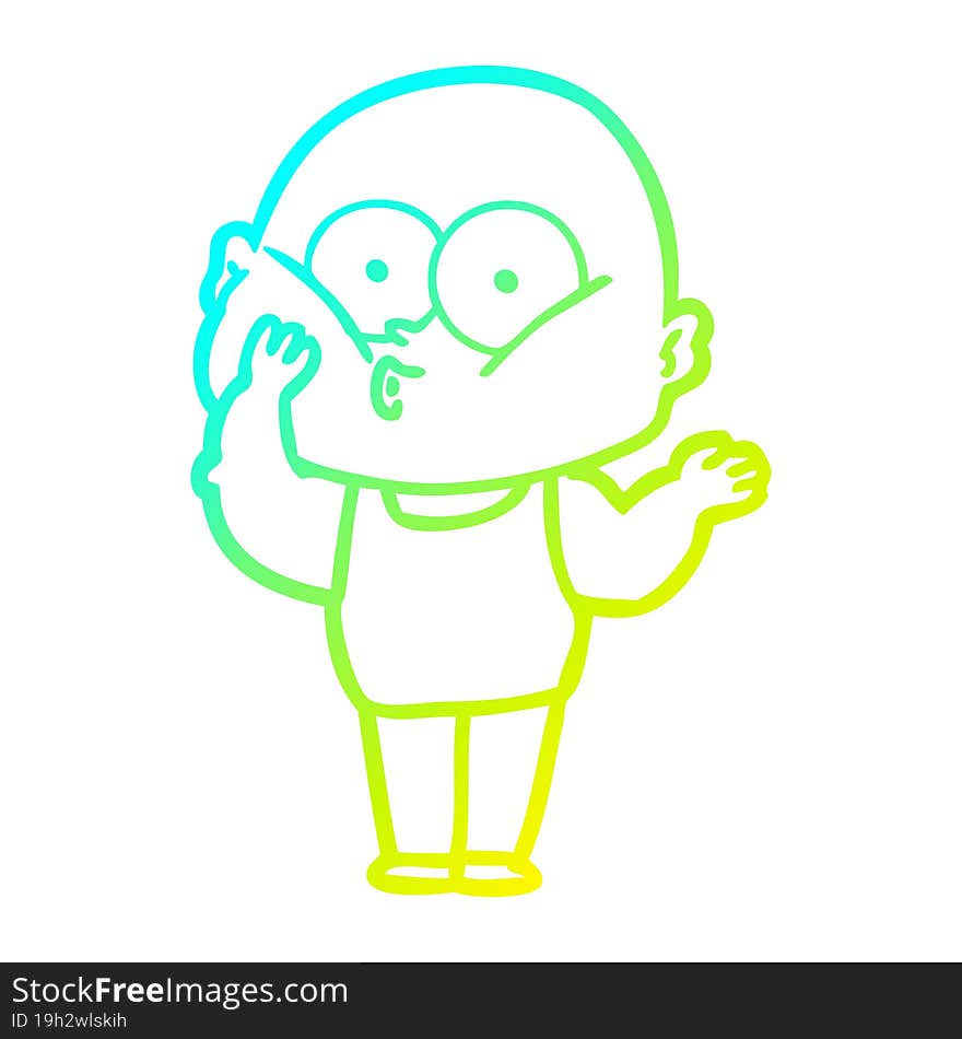 cold gradient line drawing of a cartoon bald man staring