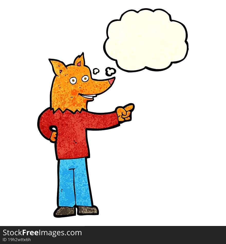 cartoon fox man pointing with thought bubble