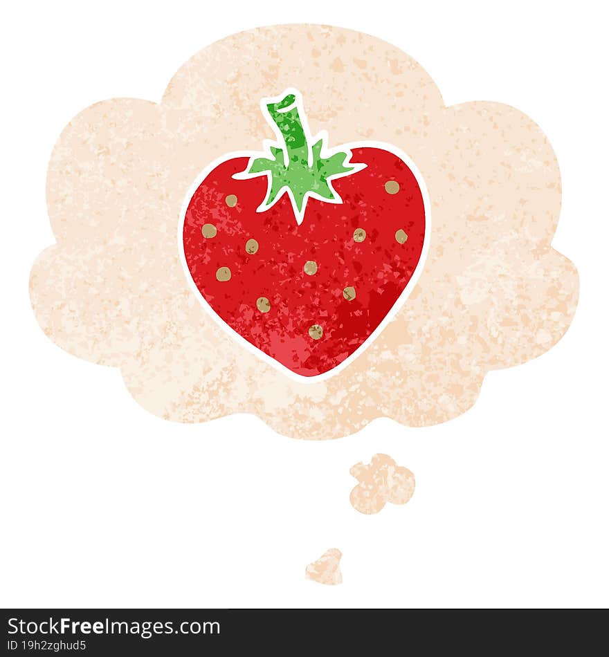 Cartoon Strawberry And Thought Bubble In Retro Textured Style