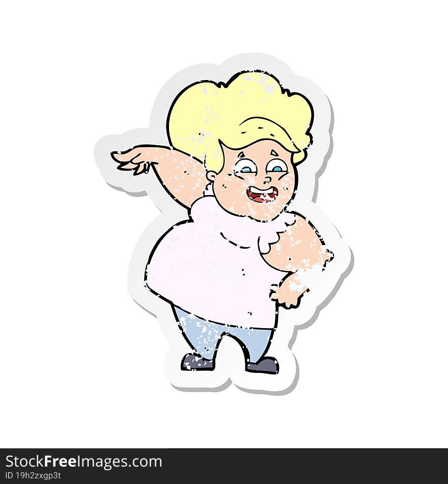 retro distressed sticker of a cartoon oveweight woman