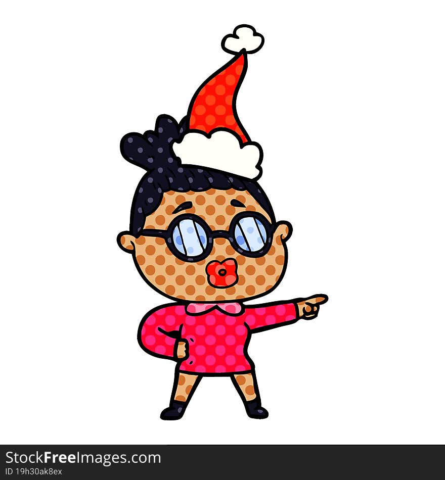 comic book style illustration of a pointing woman wearing spectacles wearing santa hat