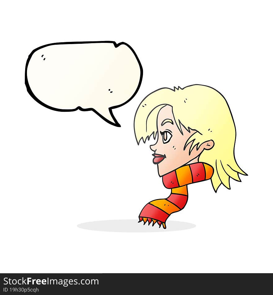 freehand drawn speech bubble cartoon woman wearing scarf