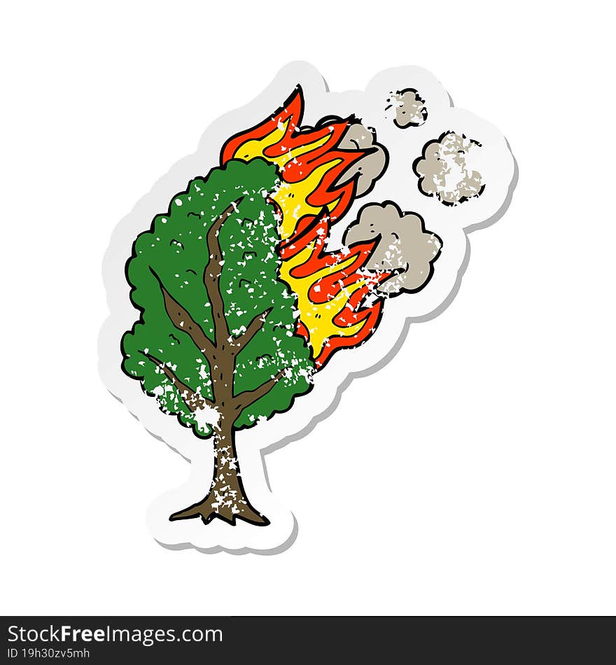 retro distressed sticker of a cartoon burning tree