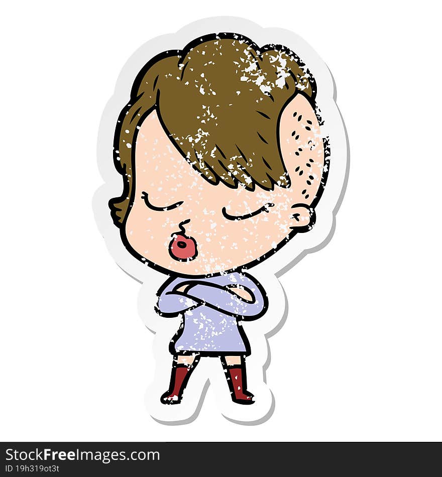 Distressed Sticker Of A Cartoon Pretty Hipster Girl