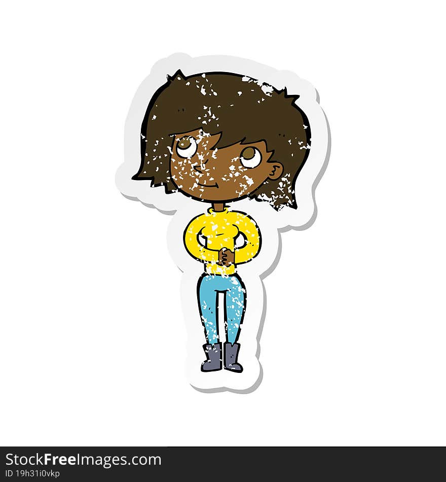 retro distressed sticker of a cartoon friendly woman