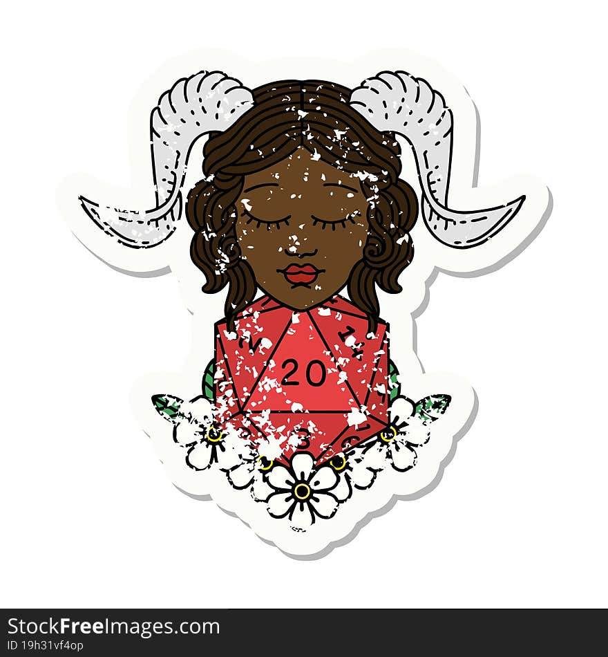 grunge sticker of a tiefling with natural 20 D20 dice roll. grunge sticker of a tiefling with natural 20 D20 dice roll