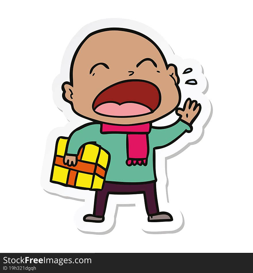 sticker of a cartoon shouting bald man with present