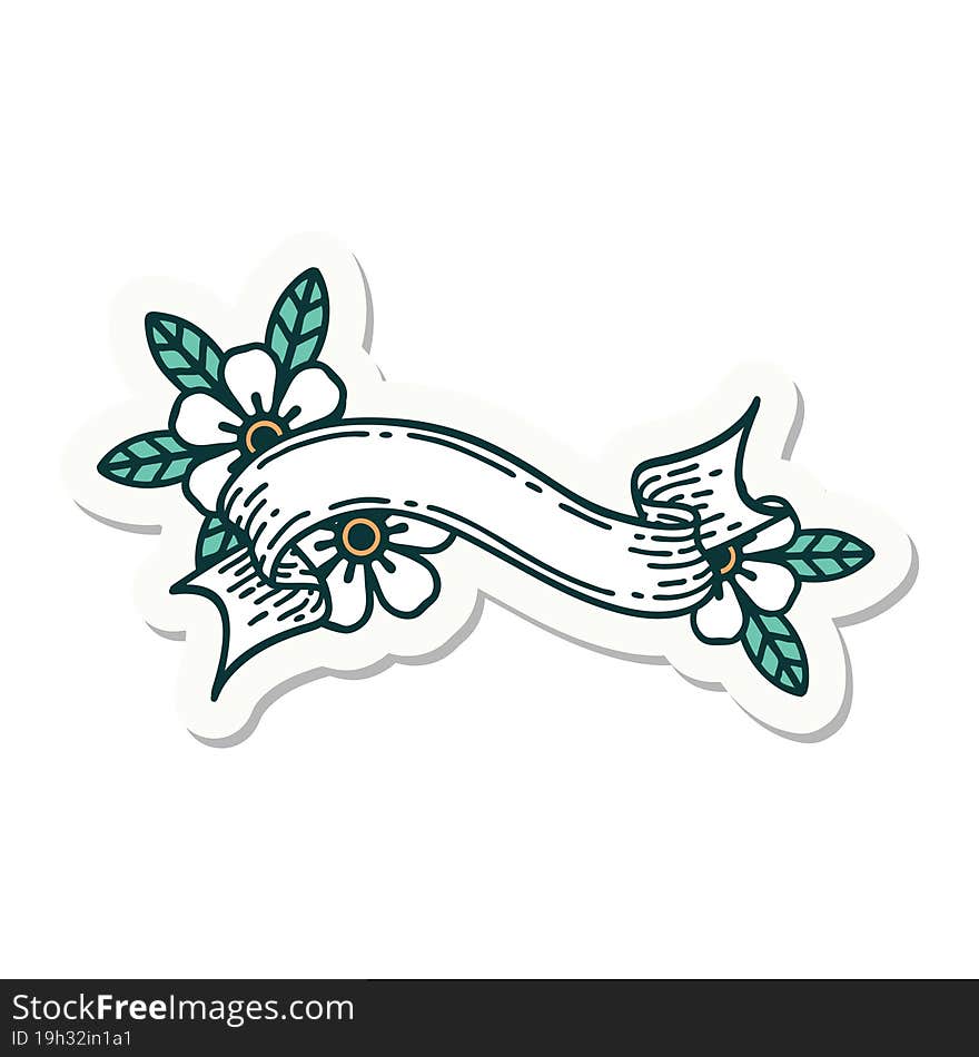 tattoo style sticker of a banner and flowers