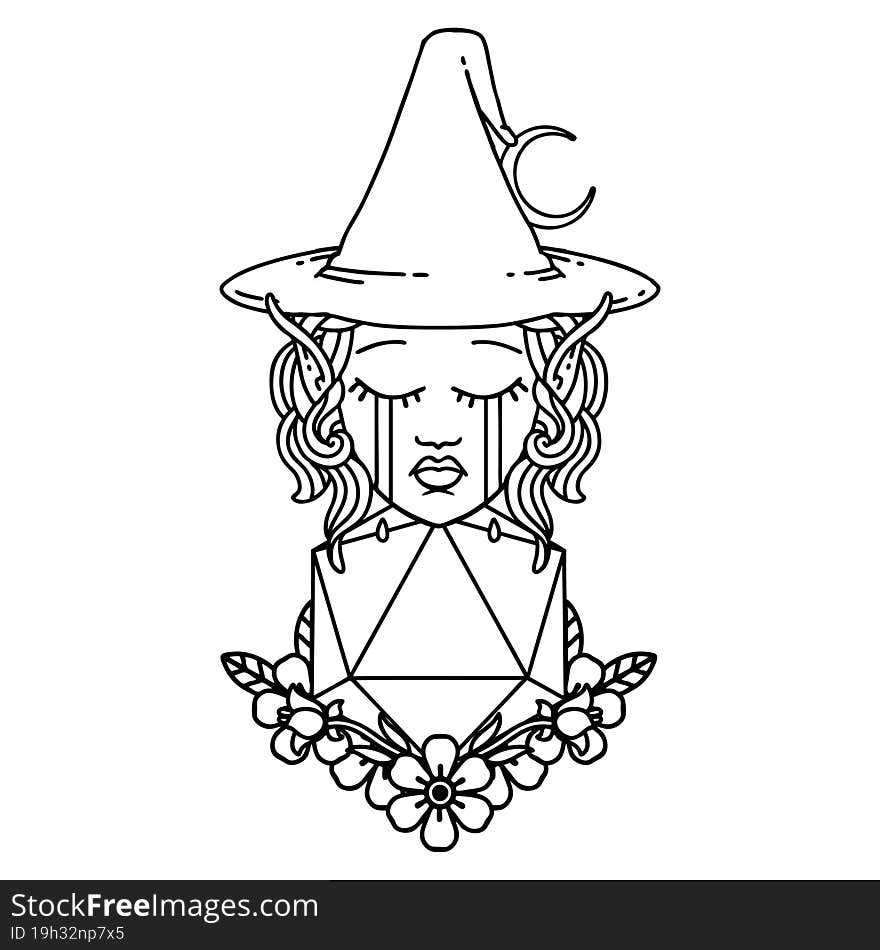 Black and White Tattoo linework Style crying elf witch with natural one D20 roll. Black and White Tattoo linework Style crying elf witch with natural one D20 roll