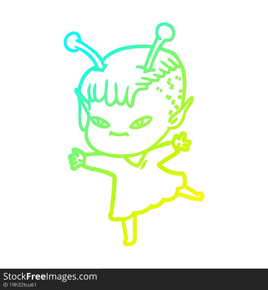 cold gradient line drawing of a cute cartoon alien girl