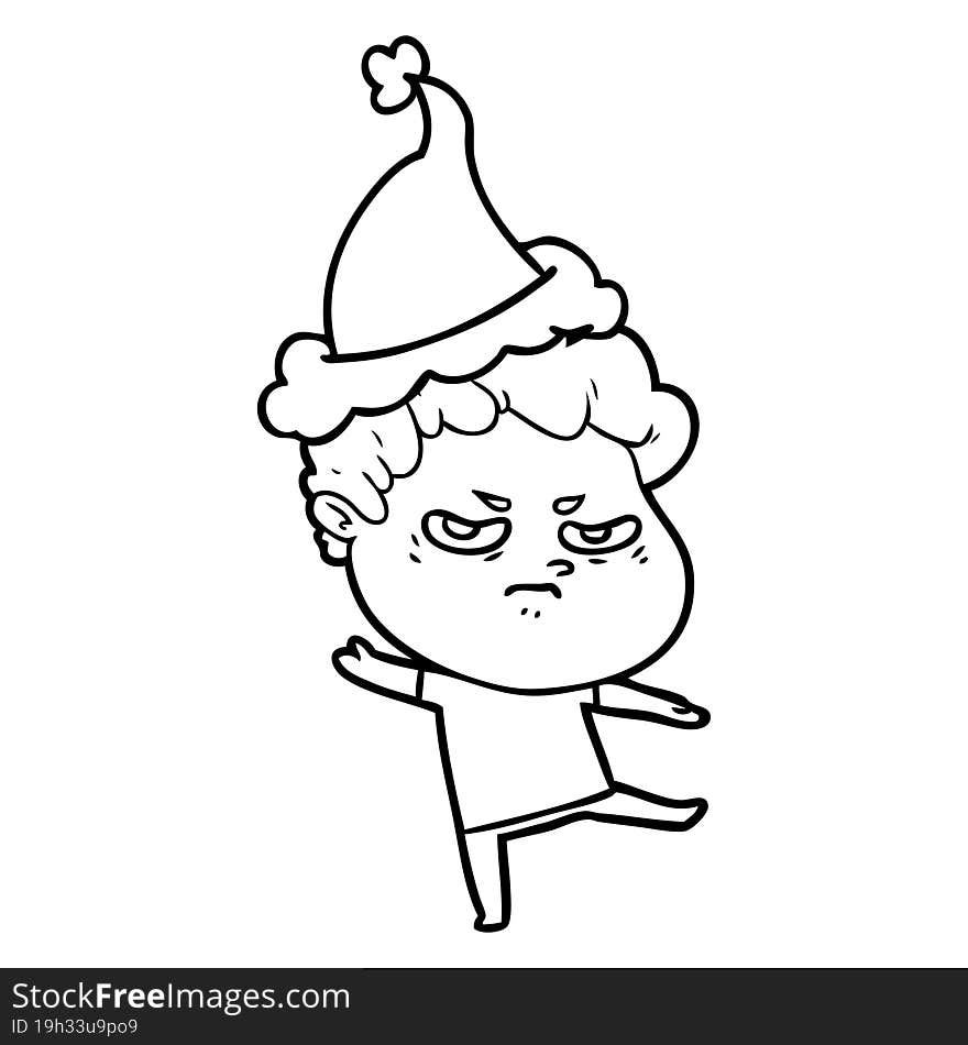 hand drawn line drawing of a angry man wearing santa hat