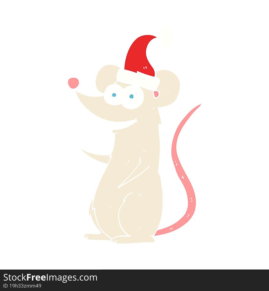 flat color illustration of a cartoon mouse wearing christmas hat