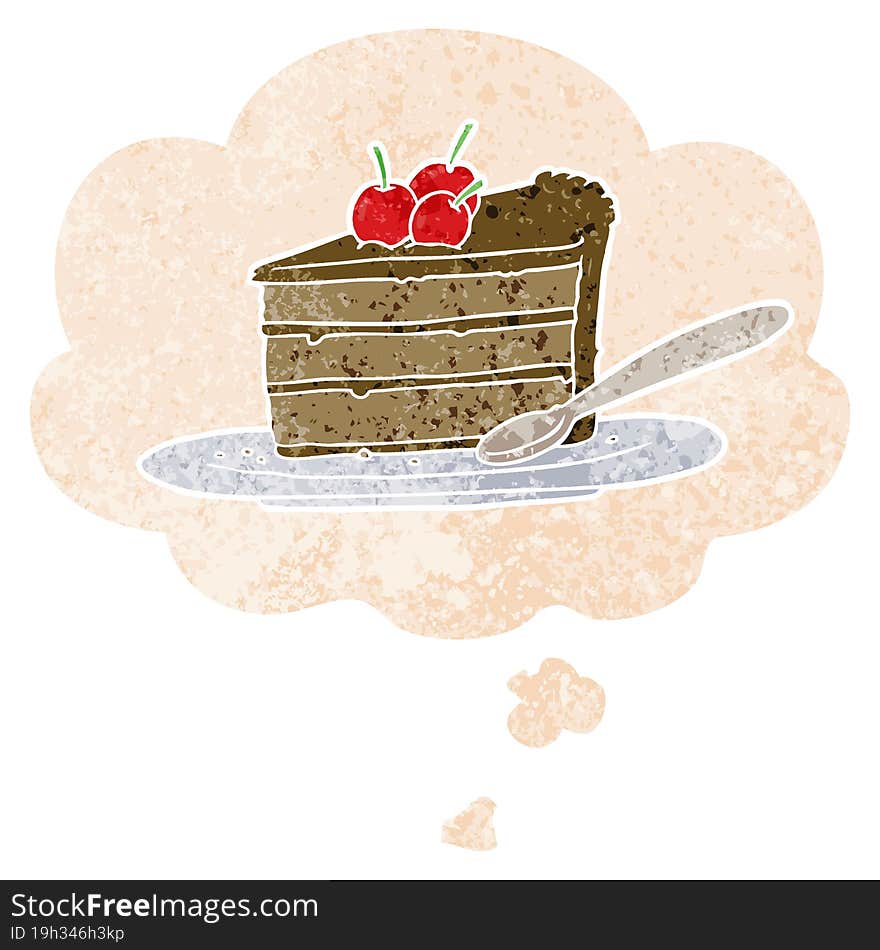 cartoon chocolate cake and thought bubble in retro textured style