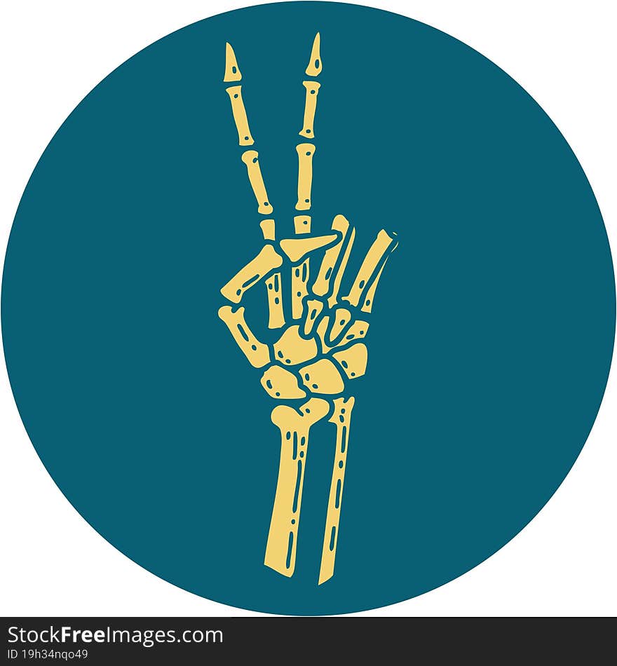 tattoo style icon of a skeleton hand giving a peace sign