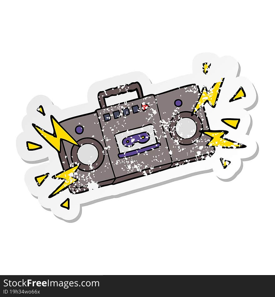 Distressed Sticker Of A Retro Cartoon Tape Cassette Player Blasting Out Old Rock Tunes