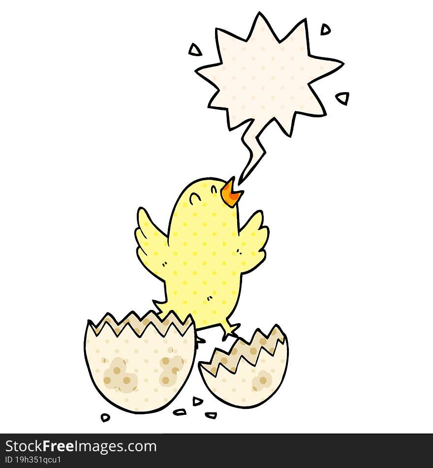 cartoon bird hatching from egg and speech bubble in comic book style