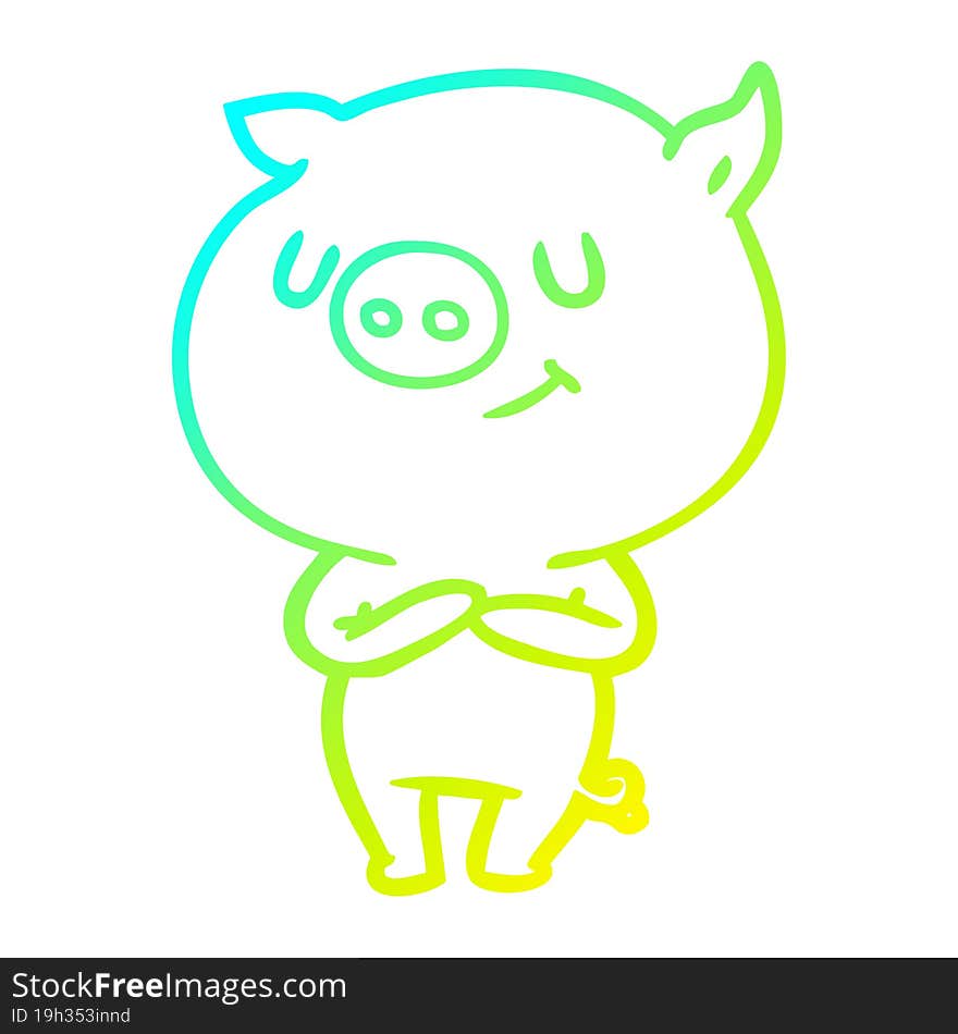 cold gradient line drawing of a happy cartoon pig