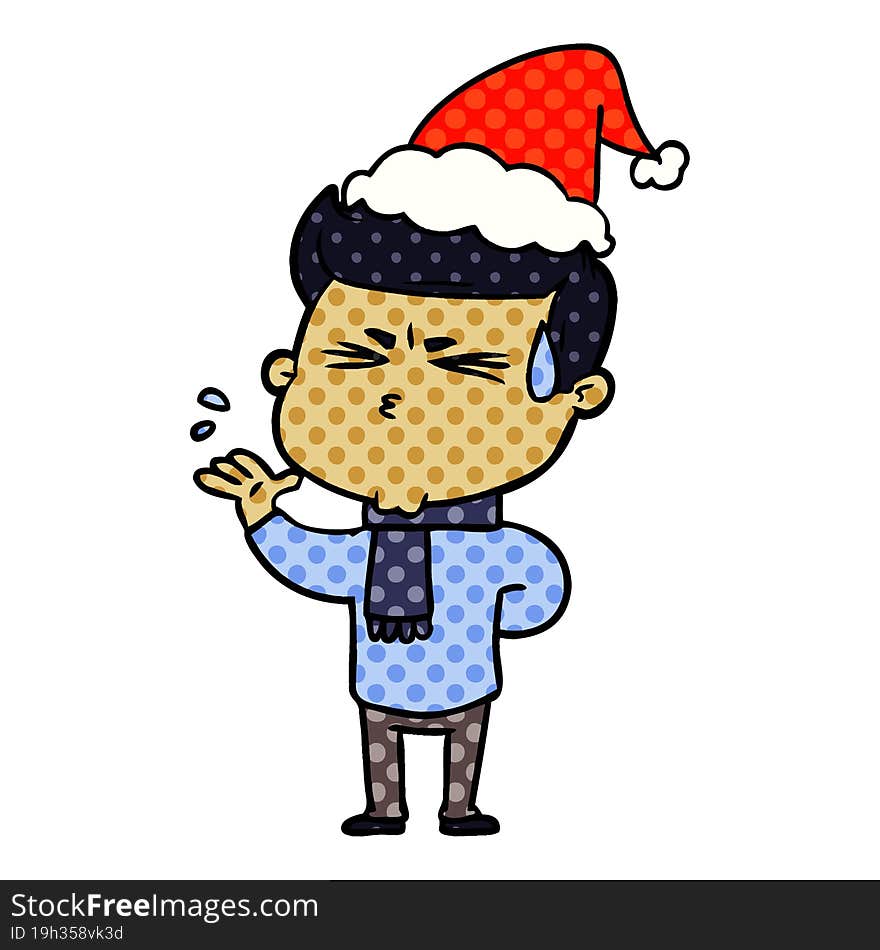 hand drawn comic book style illustration of a man sweating wearing santa hat