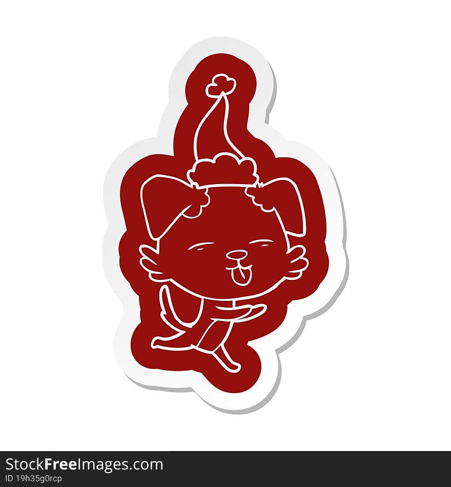 cartoon  sticker of a dog sticking out tongue wearing santa hat