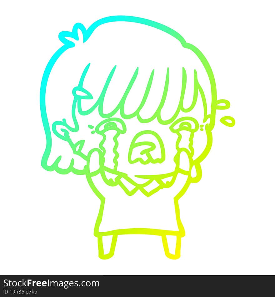 cold gradient line drawing of a cartoon girl crying