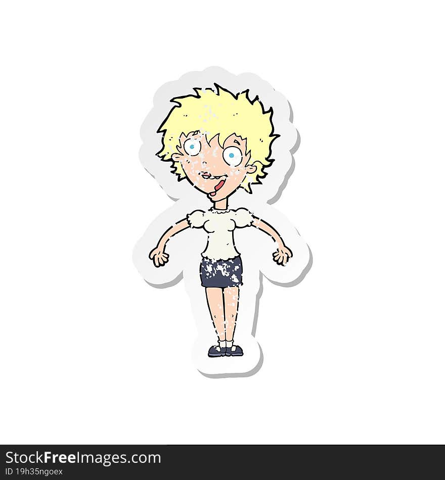 retro distressed sticker of a cartoon excited woman