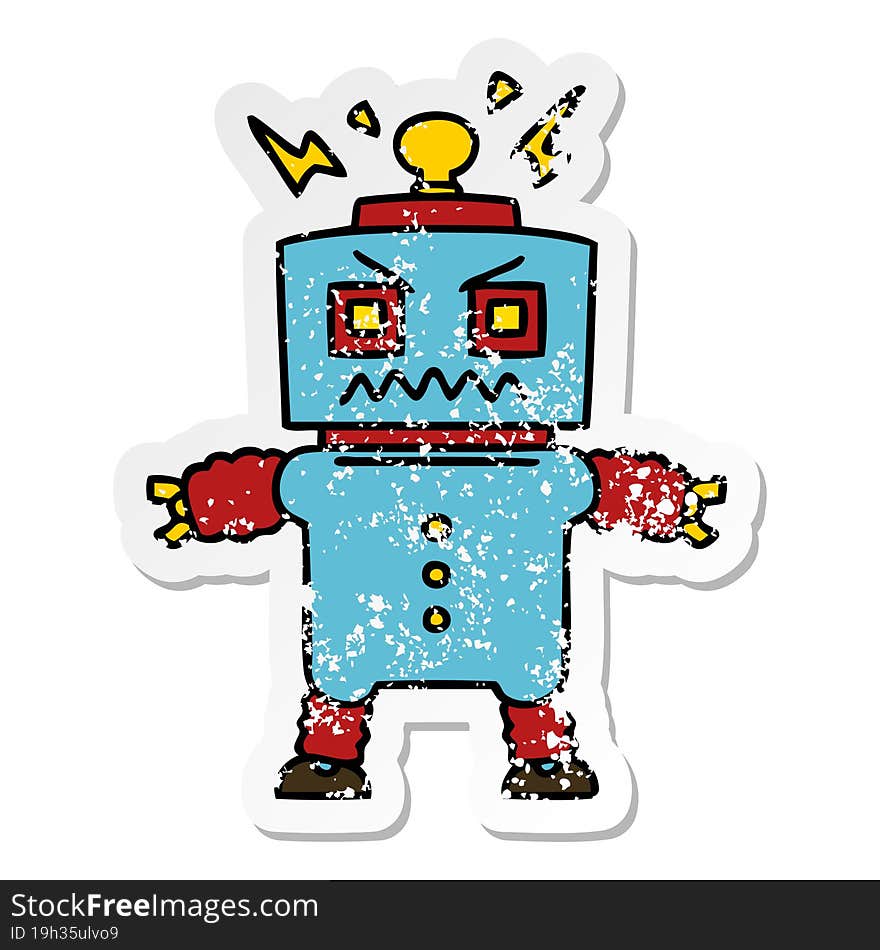 Distressed Sticker Of A Quirky Hand Drawn Cartoon Robot