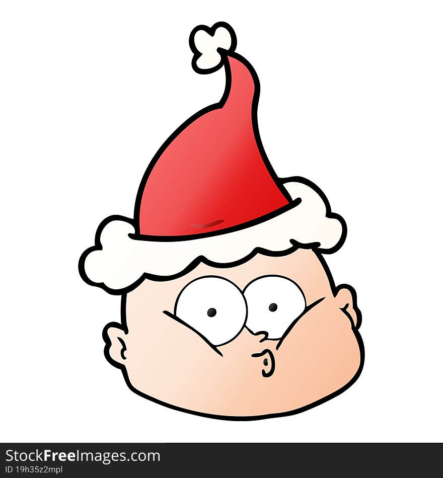 gradient cartoon of a curious bald man wearing santa hat