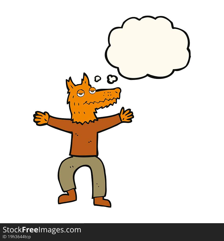 cartoon fox man with thought bubble