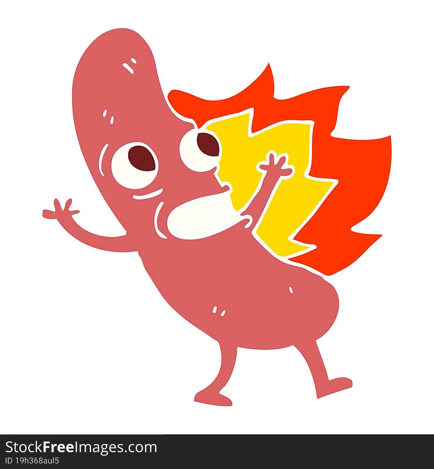 flat color illustration cartoon flaming hotdog