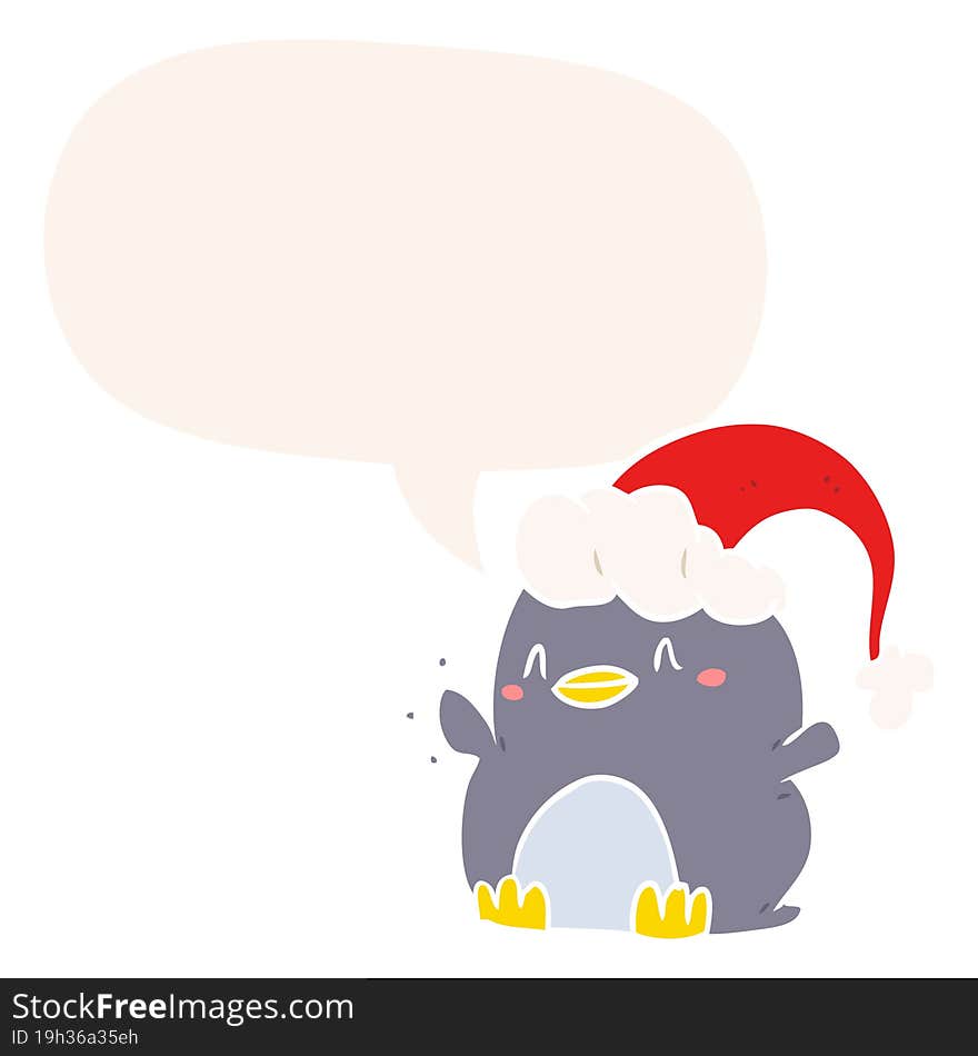 cartoon penguin wearing christmas hat and speech bubble in retro style