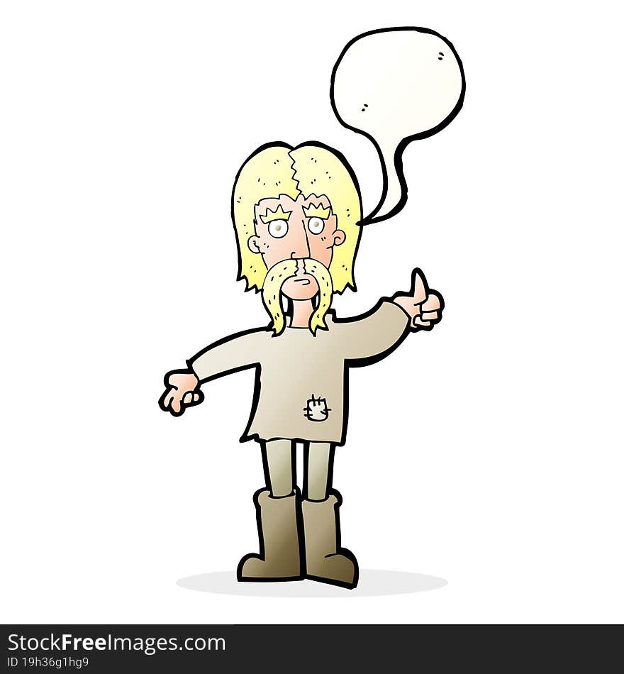 cartoon hippie man giving thumbs up symbol with speech bubble