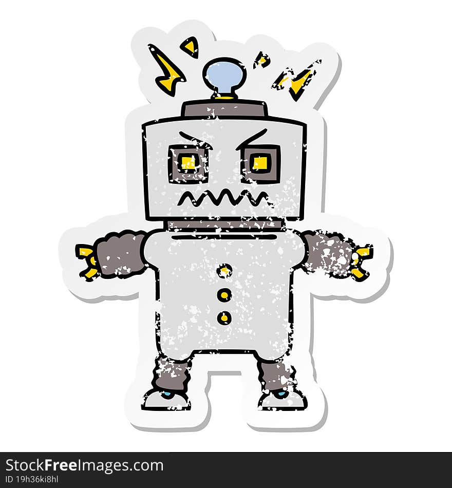 Distressed Sticker Of A Quirky Hand Drawn Cartoon Robot