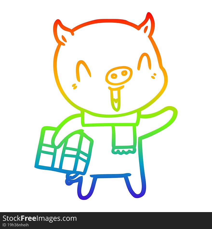 rainbow gradient line drawing happy cartoon pig with xmas present