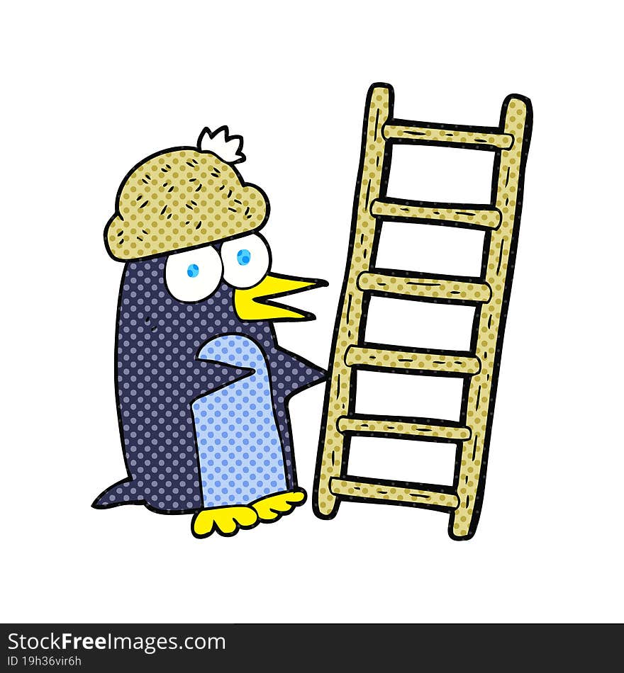 comic book style cartoon penguin with ladder