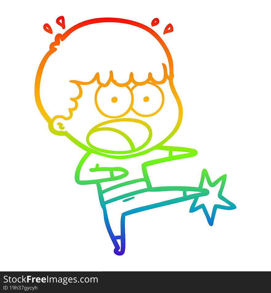 Rainbow Gradient Line Drawing Cartoon Boy Karate Kicking