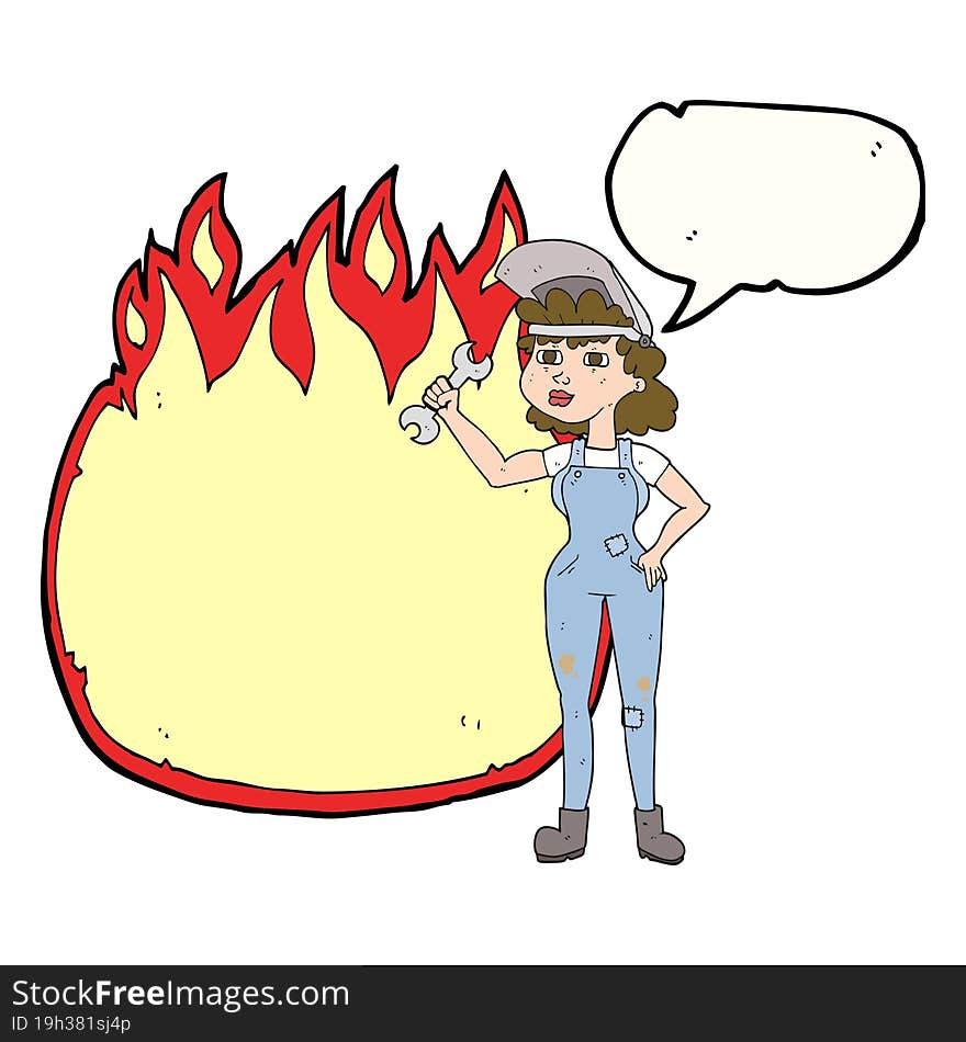 speech bubble cartoon woman with spanner